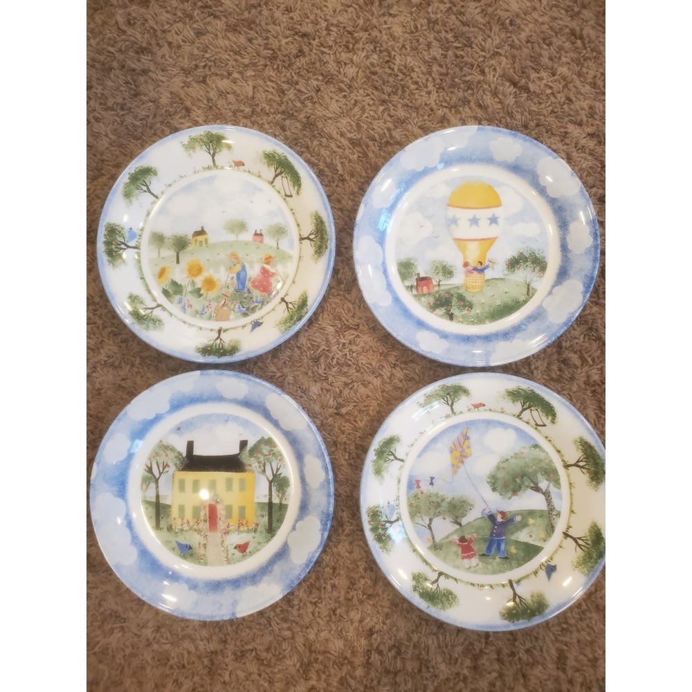 Set of 4 Vintage Remember‎ When Deb Mores Ceramic Salad Plates 8" Folk Art